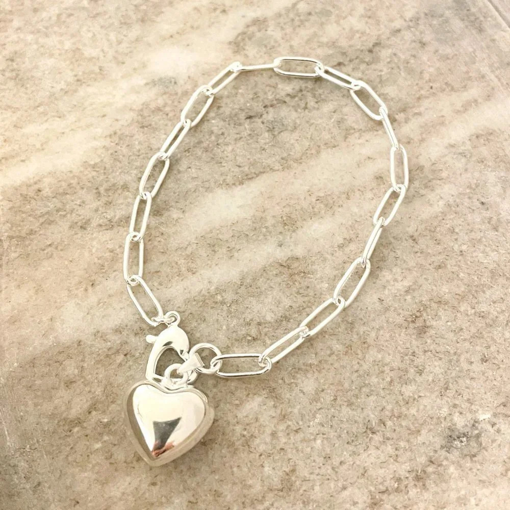 Sterling Silver Heart Pendant Bracelet Paperclip Link Bracelet Modern Bracelet - Picture 2 of 3